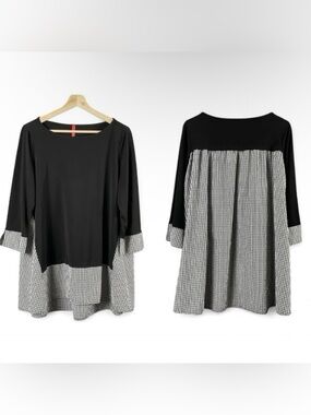 IC by Connie K Large Black Tunic Contrasting Gingham Artsy Blouse 3/4 Sleeve